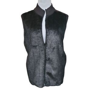 Kathie Lee Collection Black Faux Fur Ribbed Knit Zip Up Vest Large Vintage 90s